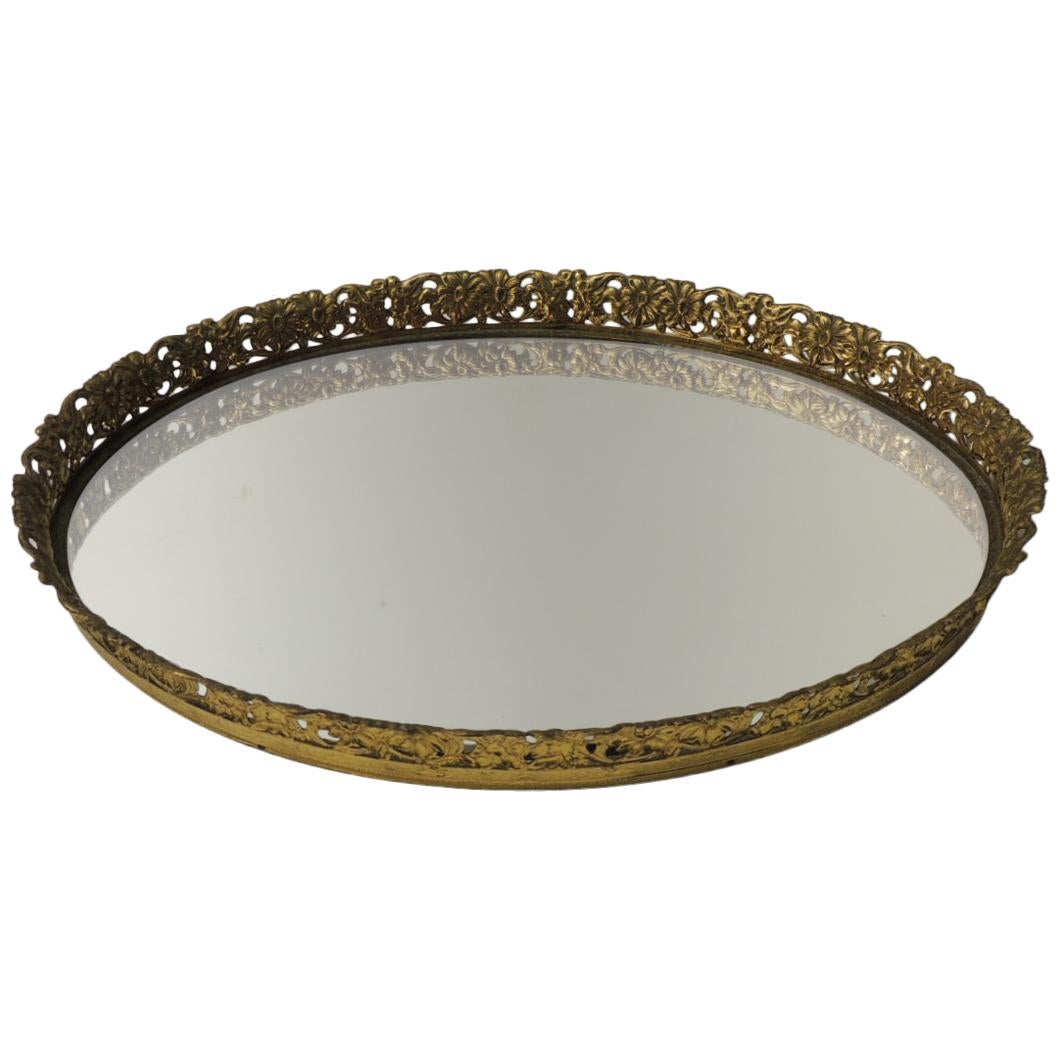 Vieux French Filigree Large Oval Brass Vanity Tray with Mirror