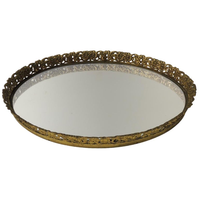 Vintage French Filigree Large Oval Brass Vanity Tray with Mirror at 1stDibs