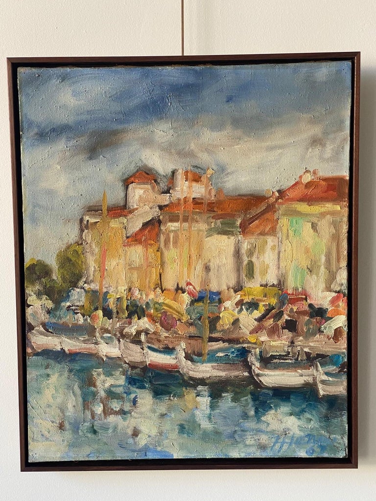 Vintage French Fishing Village Painting In Good Condition In Los Angeles, CA
