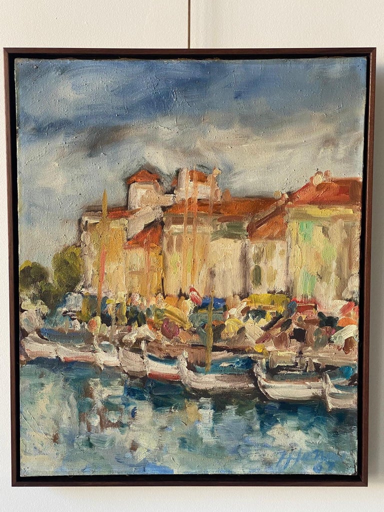 Late 20th Century Vintage French Fishing Village Painting