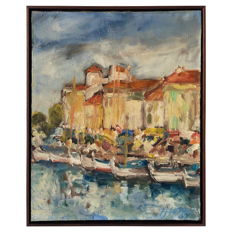 Vintage French Fishing Village Painting