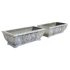 Used French Fleur De Lis Rectangular Cement Outdoor Garden Planter - a Pair