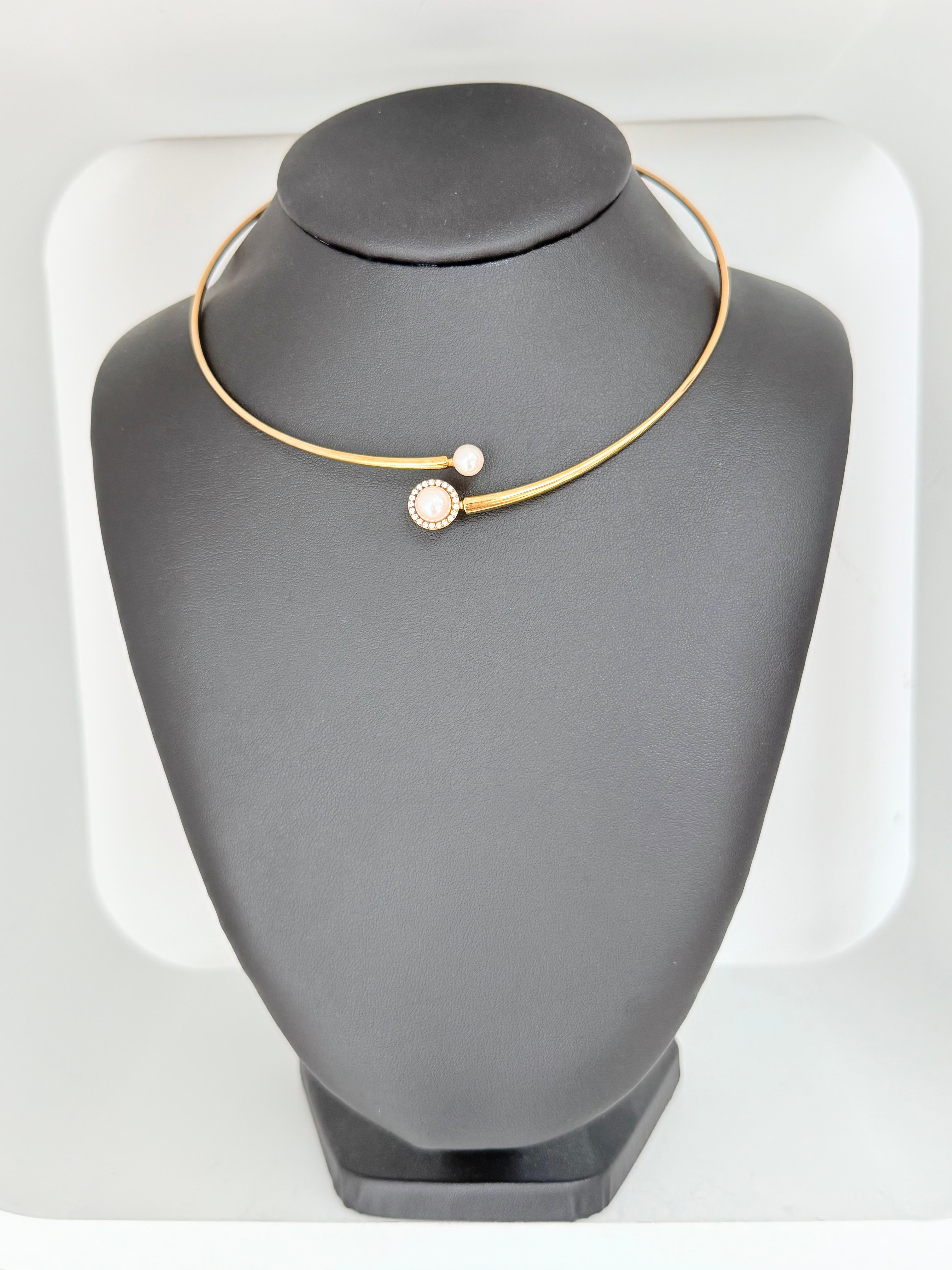 Taglio misto Vintage By Collana flessibile in oro giallo Perle e diamanti in vendita