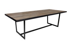Vintage French Floor Board Top Dining Table with Ebony Patina Steel Base