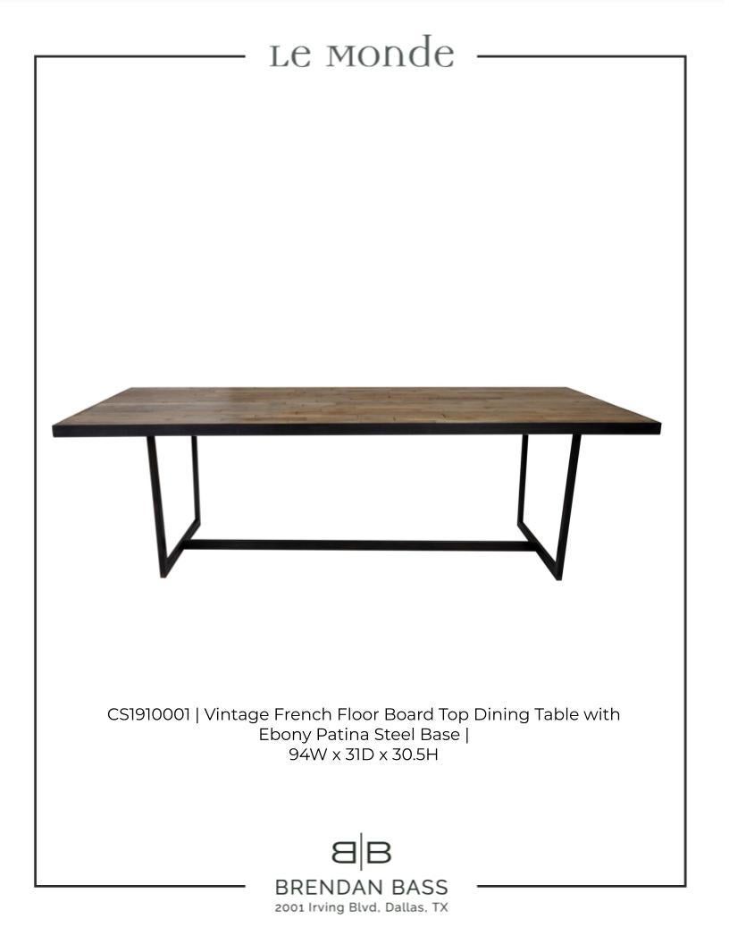 Organic Modern Vintage French Floor Board Top Dining Table with Ebony Patina Steel Base For Sale
