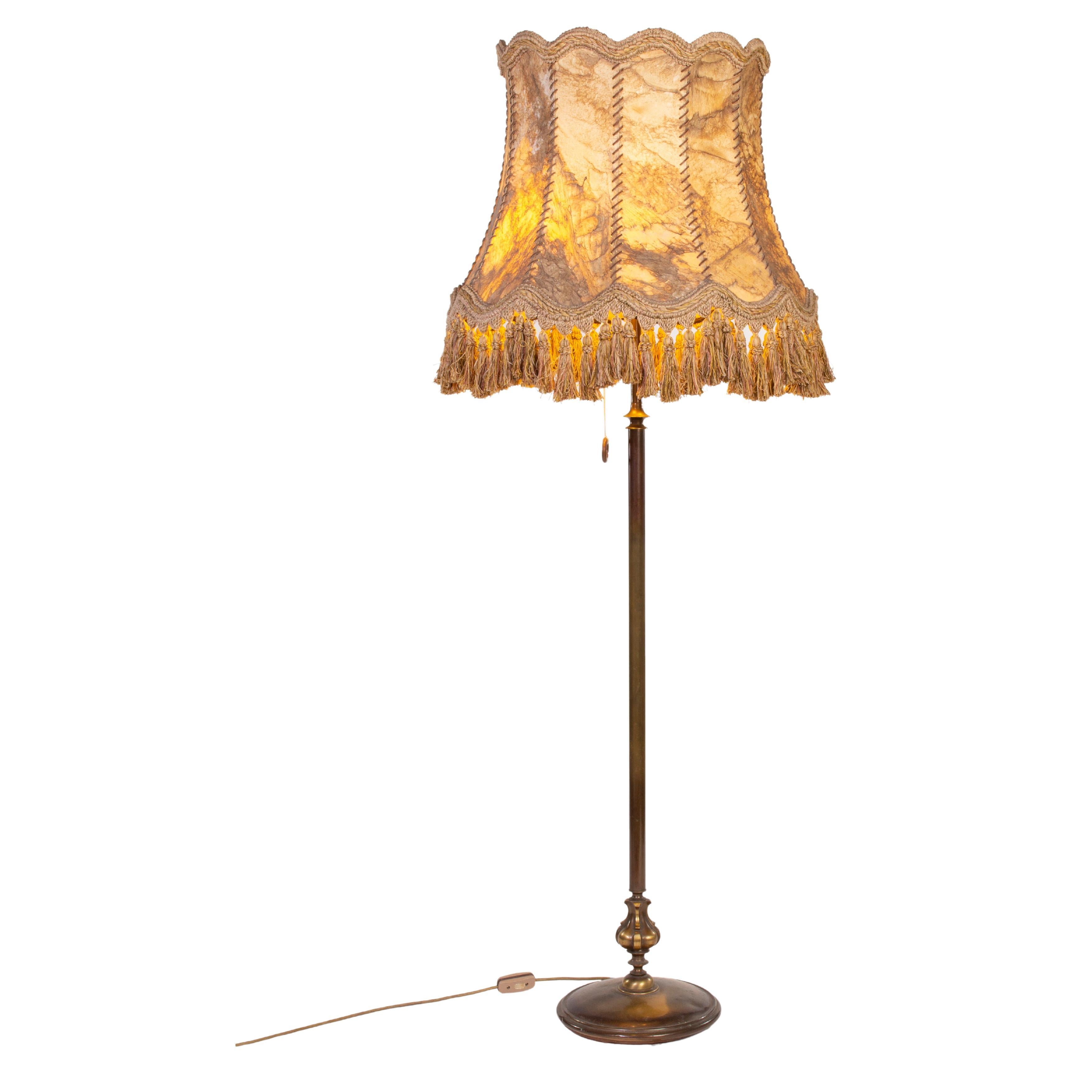 Vintage French Floor Lamp with Leather Lampshade For Sale