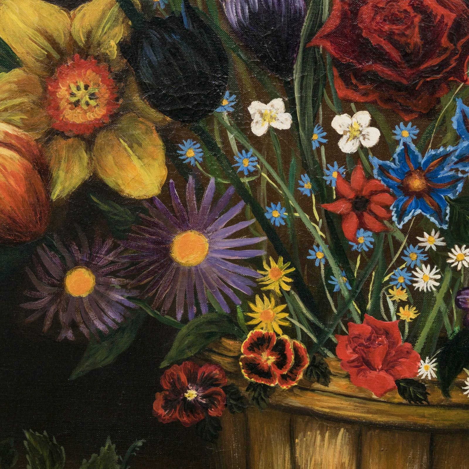 Wood Vintage French Floral Arrangement Oil Painting For Sale
