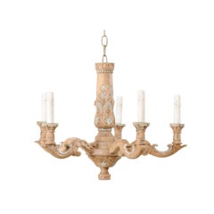 Vintage French Floral Carved Wooden Five-Light Chandelier