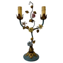 Vintage French Floral Metal & Enamel Two Socket Table Lamp C.1940s