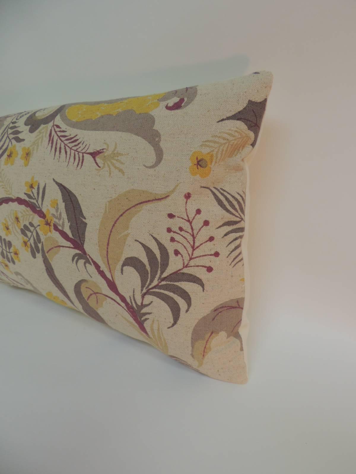 Vintage French floral printed linen decorative bolster with natural linen backing.
In shades of yellow, red, green, gold, brown and grey. Throw vintage pillows handcrafted and designed in the USA. Closure by stitch (no zipper) with a custom made