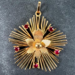 Vintage French Flower Sunburst 18K Yellow Gold Ruby Pendant Necklace