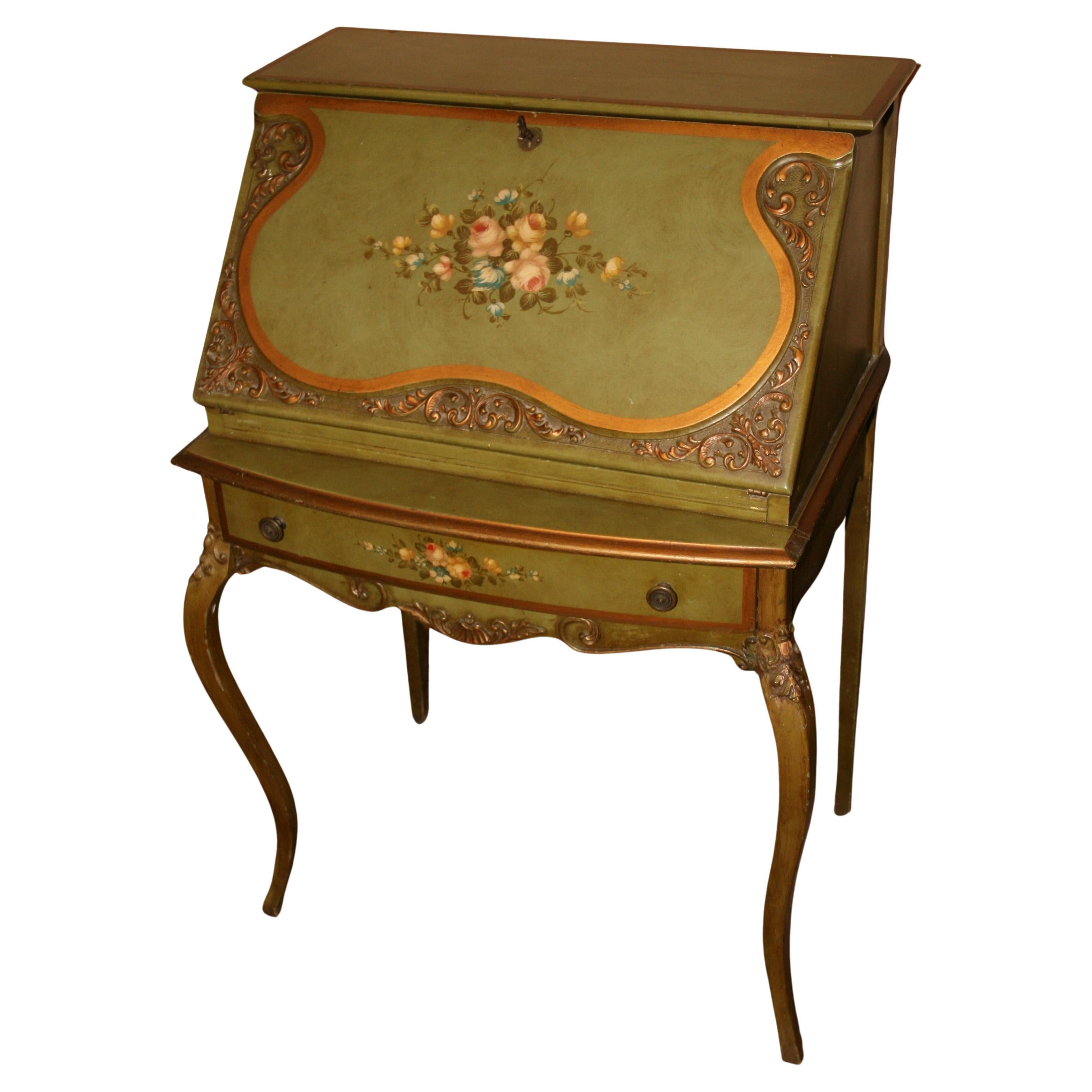 Französischer klappbarer Vintage-Schreibtisch mit handbemalten Blumen