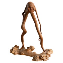 Vintage French Folk Art Root Carving Figure, Carved Wooden Sculpture, 1970s