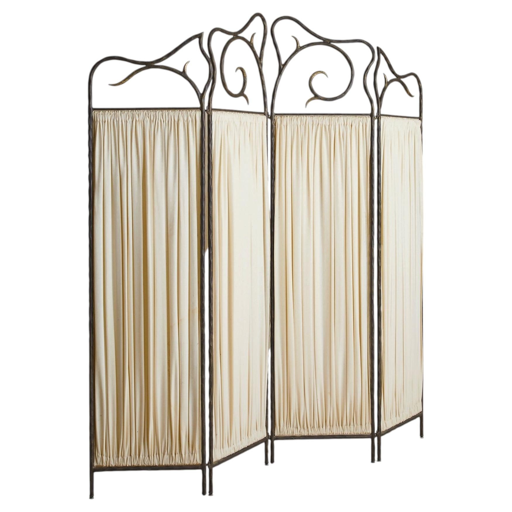 Vintage French Four-Panel Hammered Iron Folding Screen with Pleated Fabric For Sale