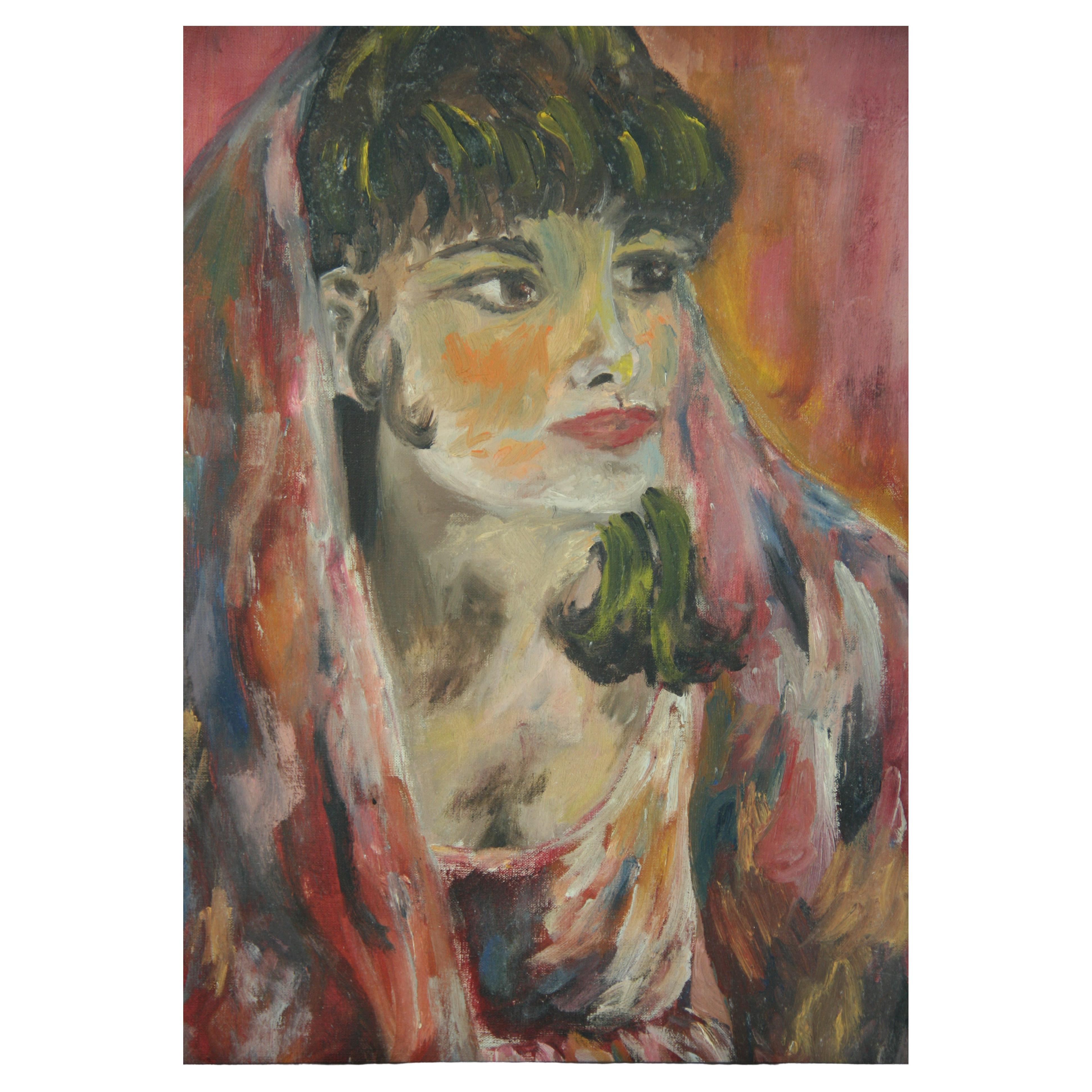 Óleo francés vintage enmarcado "La mujer velada" años 40