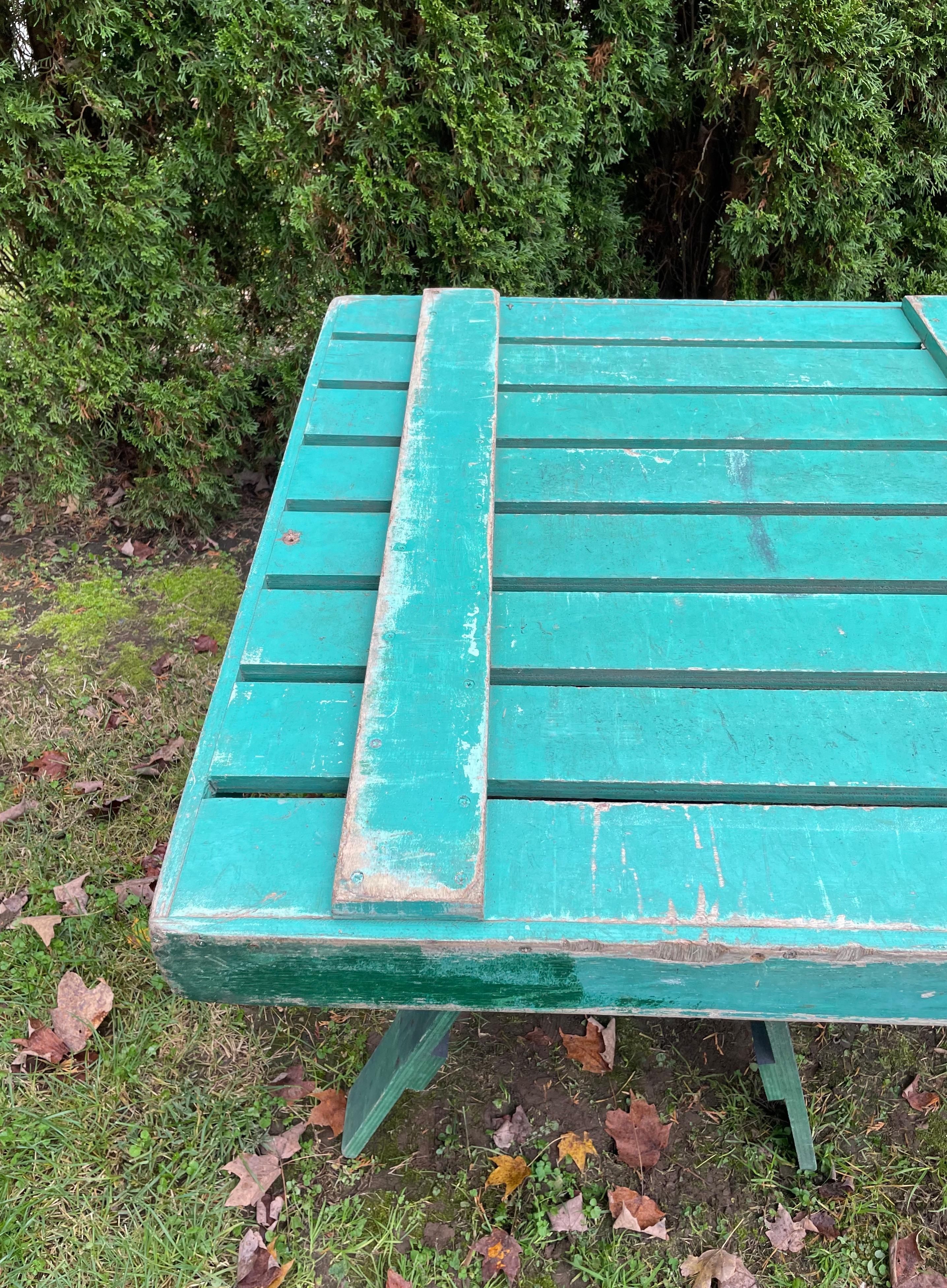 Vintage French Garden Work Table in Original Aqua Paint 5