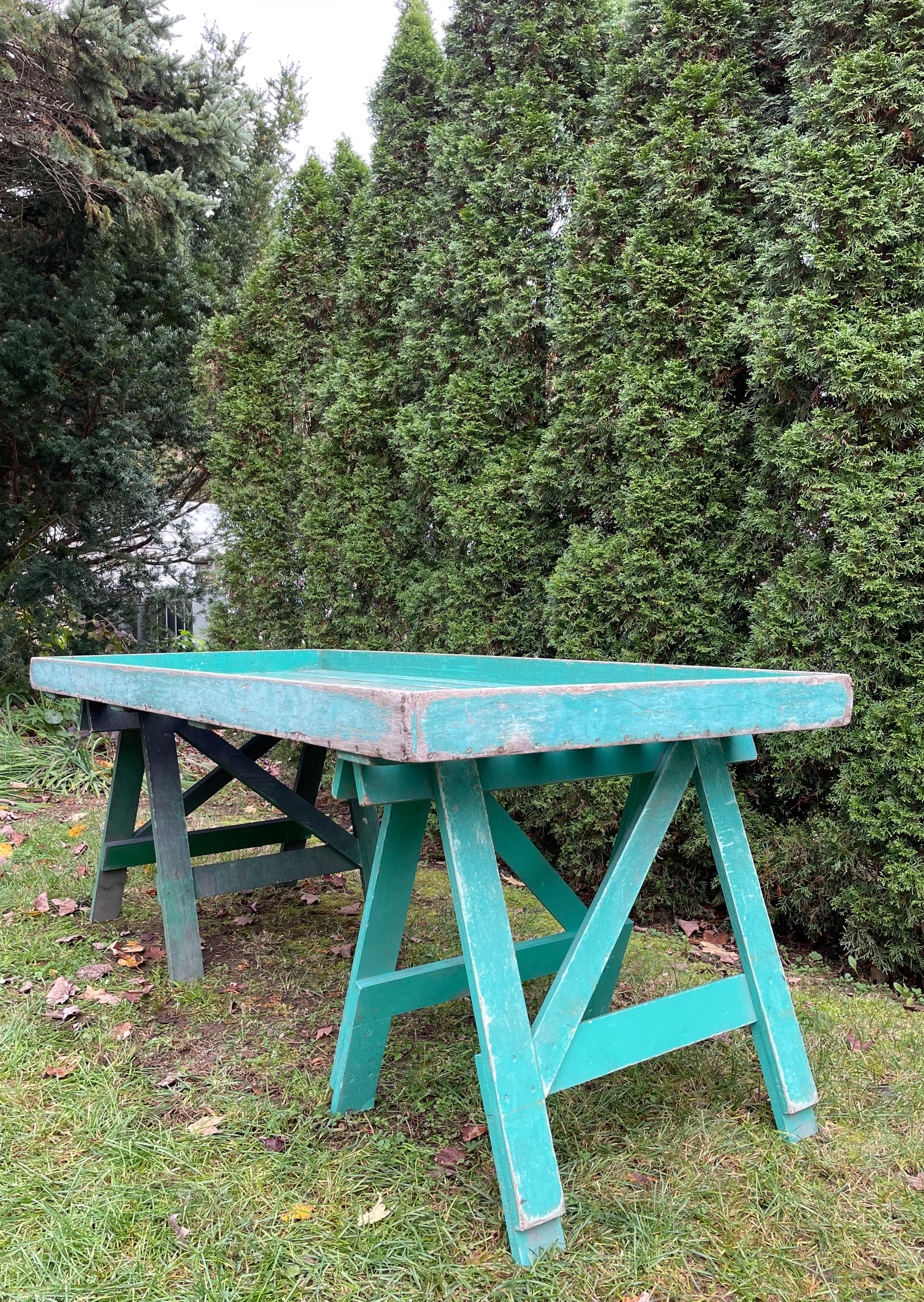 Vintage French Garden Work Table in Original Aqua Paint In Good Condition In Woodbury, CT