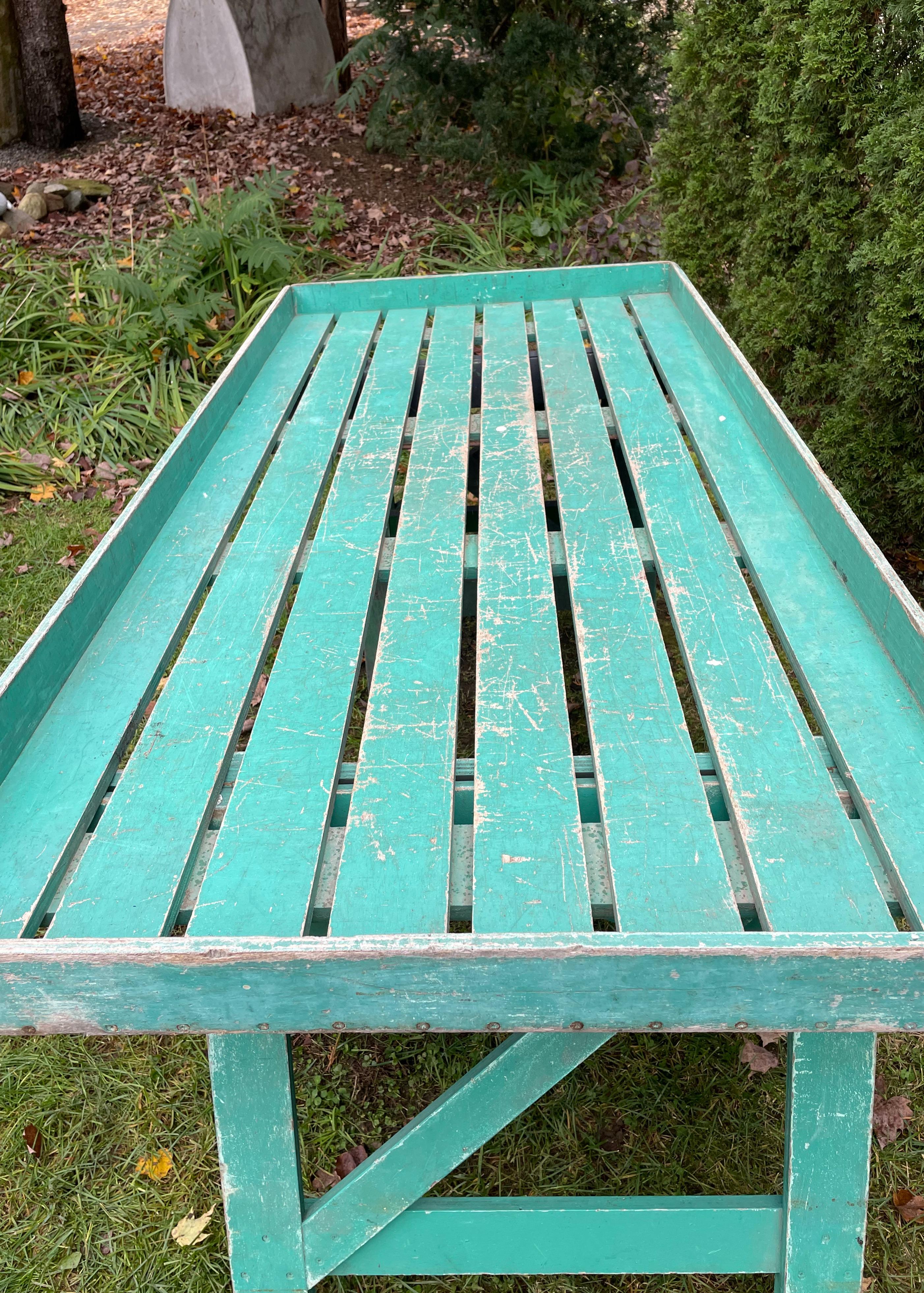 Oak Vintage French Garden Work Table in Original Aqua Paint