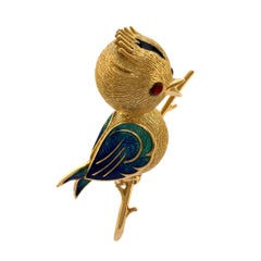 Französische Vintage- Vogelbrosche, Granat 18k Gelbgold Emaille