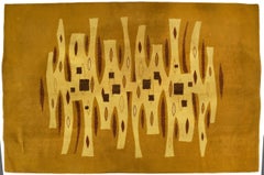 Vintage French Geometric Tapestry in Camel Brown and Gold Tones - Rug & Kilim