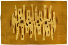 Vintage French Geometric Tapestry in Camel Brown and Gold Tones - Rug & Kilim