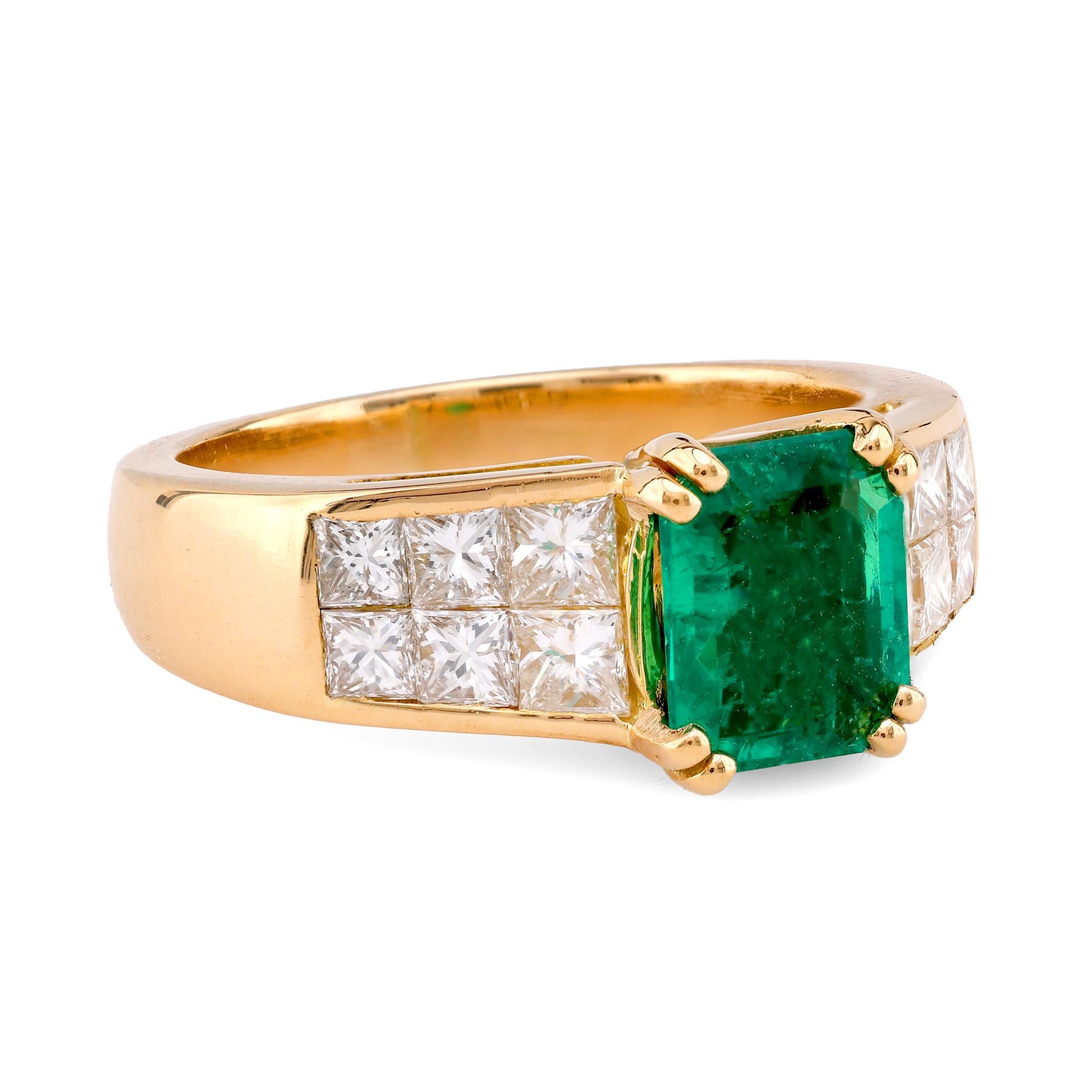 Princess Cut Vintage French GIA 1.25 Carat Colombian Emerald Diamond 18K Yellow Gold Ring