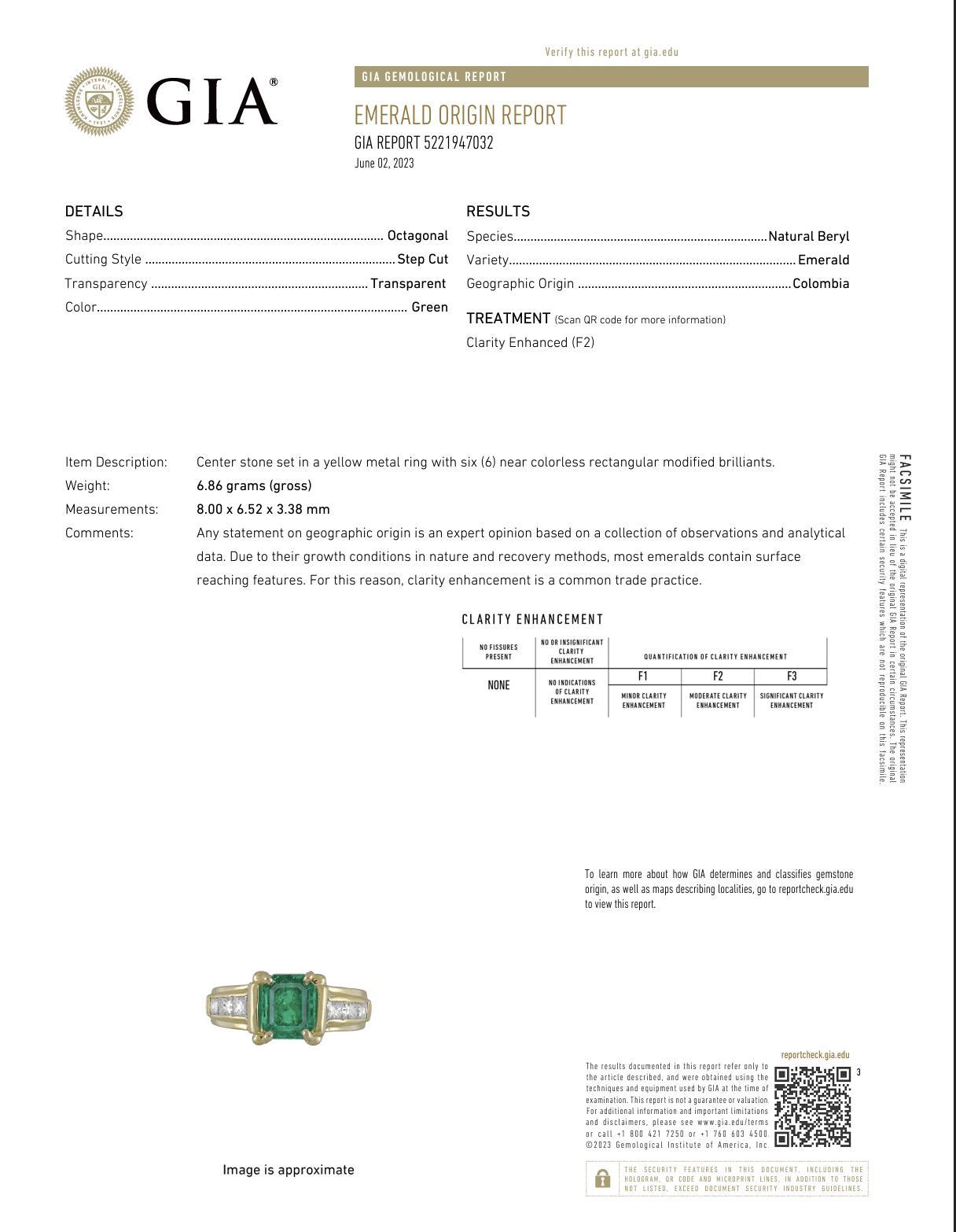 Women's or Men's Vintage French GIA 1.25 Carat Colombian Emerald Diamond 18K Yellow Gold Ring