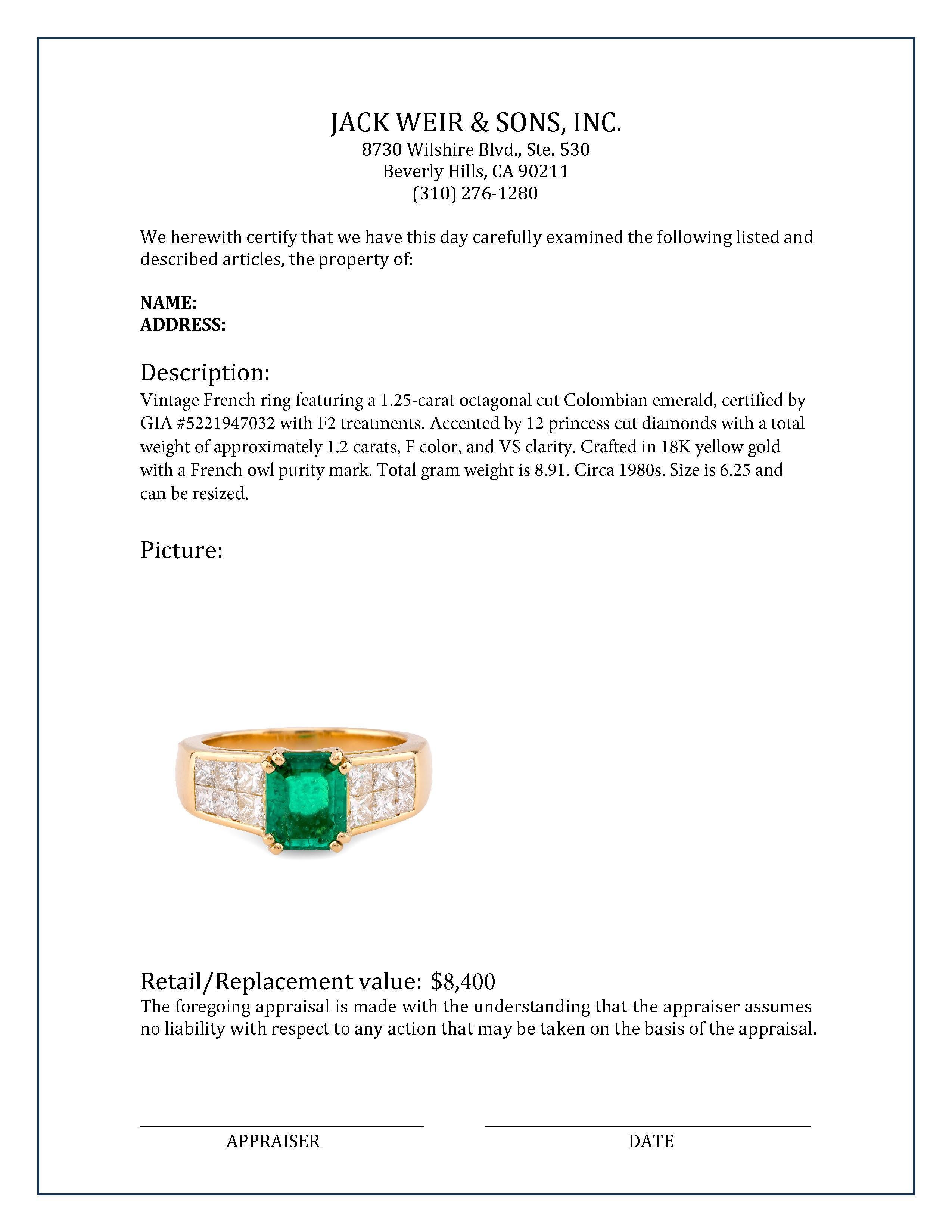 Vintage French GIA 1.25 Carat Colombian Emerald Diamond 18K Yellow Gold Ring 1