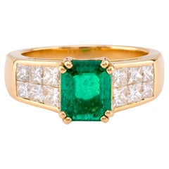 Vintage French GIA 1.25 Carat Colombian Emerald Diamond 18K Yellow Gold Ring