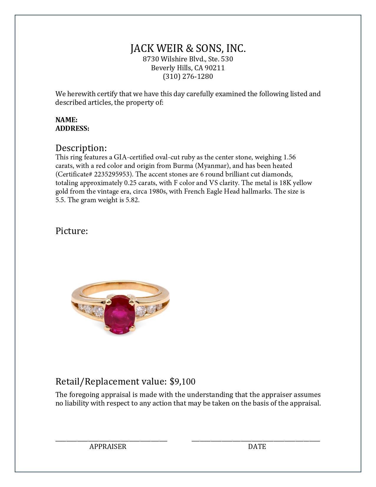 Französischer Vintage-Ring aus 18 Karat Gelbgold mit GIA 1,56 Karat Burma-Rubin und Diamant im Zustand „Hervorragend“ in Beverly Hills, CA