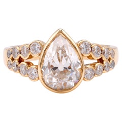 Vintage French GIA 1.6 Carat Pear Diamond 18K Yellow Gold Engagement Ring