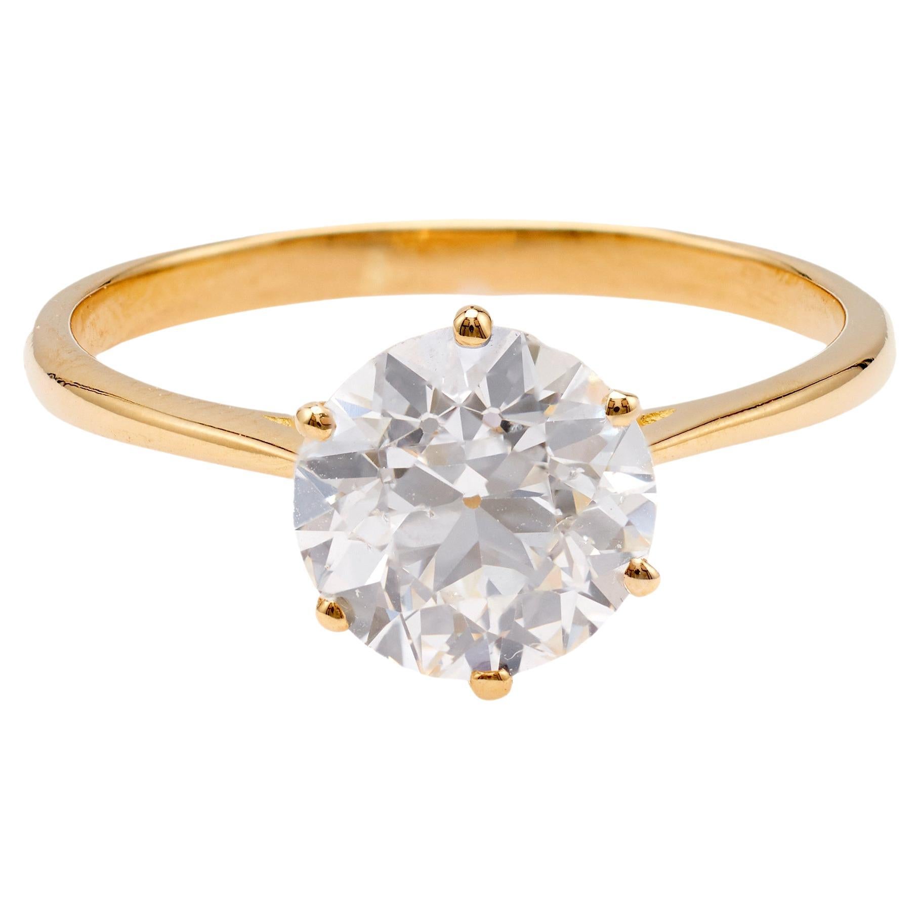 Vintage French GIA 2.12 Carat Old European Cut Diamond 18k Yellow Gold Solitaire For Sale