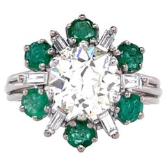 Vintage French GIA 2.14 Carat Old European Diamond Emerald Cluster Cocktail Ring
