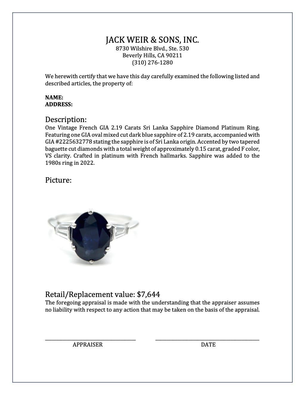 Vintage French GIA 2.19 Carats Sri Lanka Sapphire Diamond Platinum Ring 3