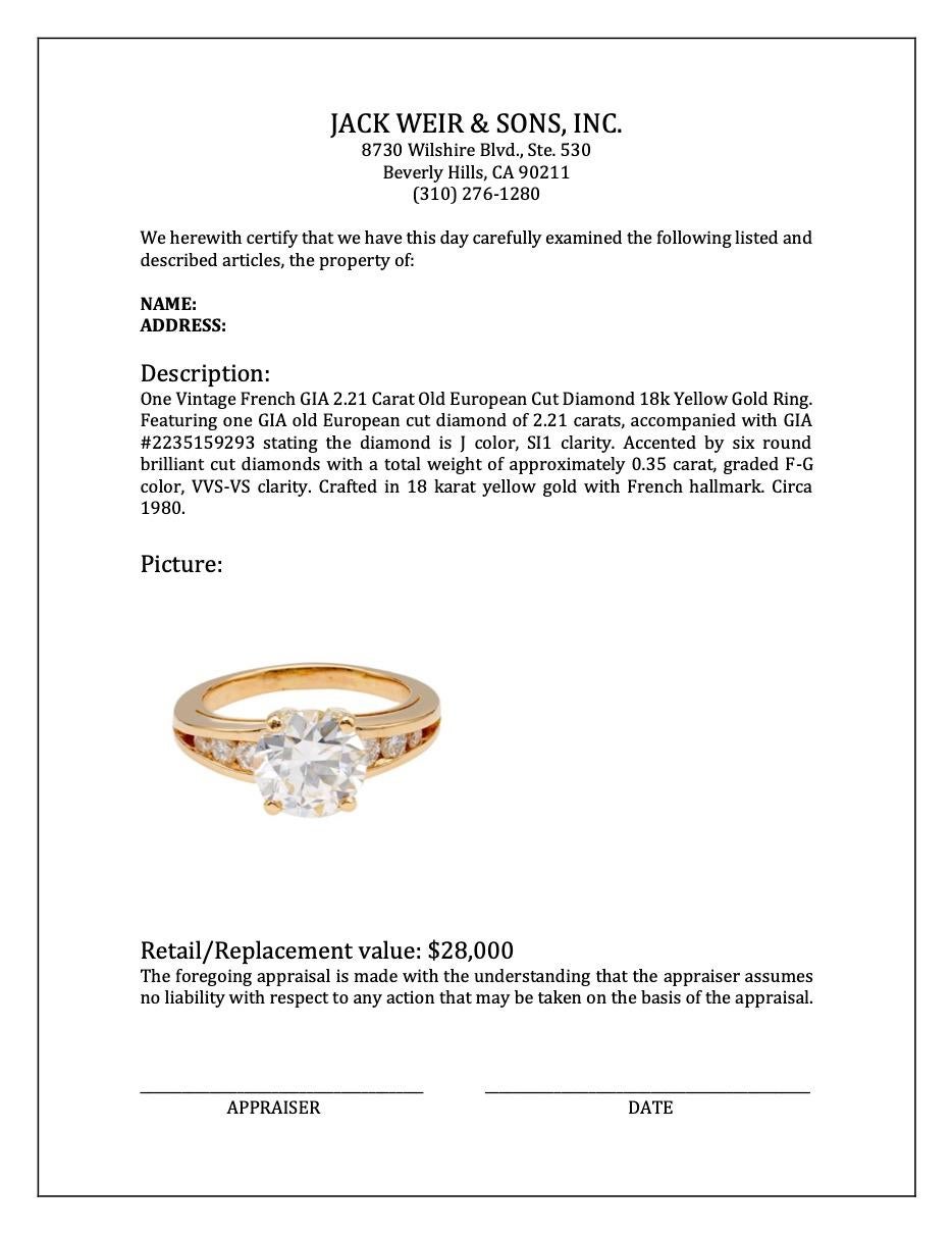 Bague en or jaune 18k avec un diamant français GIA de 2,21 carats de taille européenne ancienne en vente 3