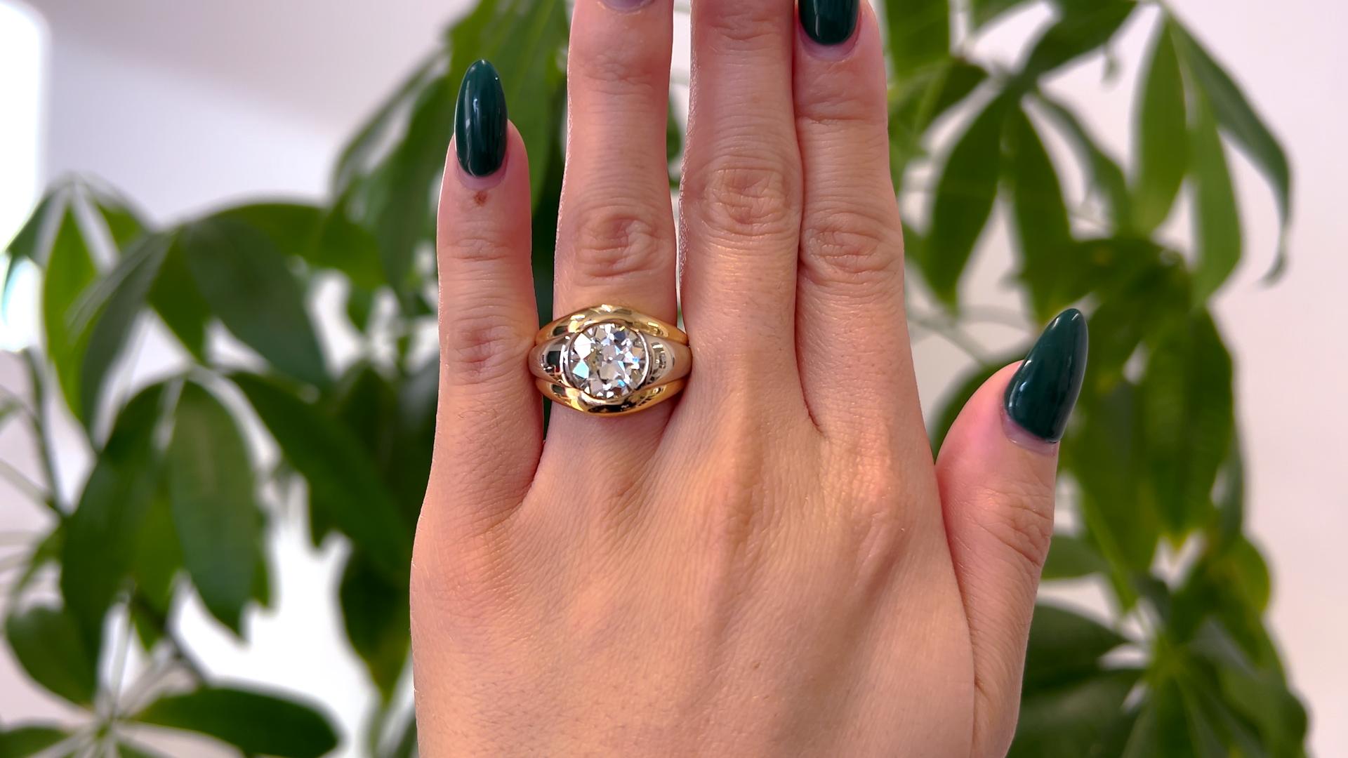 Französischer 18k zweifarbiger Vintage-Lünette-Ring, GIA 3,12 Karat Diamant im alteuropäischen Schliff, Vintage (Alteuropäischer Schliff)