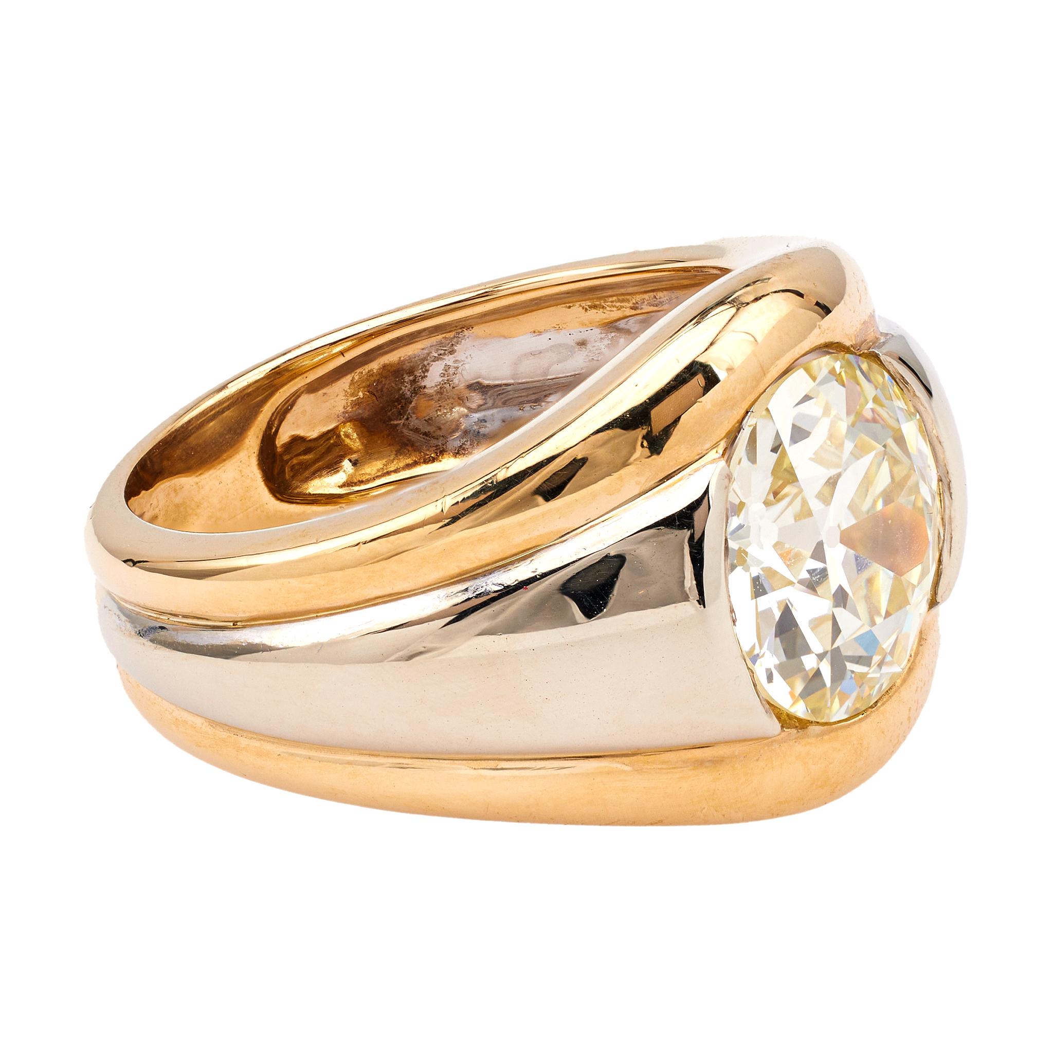 Französischer 18k zweifarbiger Vintage-Lünette-Ring, GIA 3,12 Karat Diamant im alteuropäischen Schliff, Vintage für Damen oder Herren