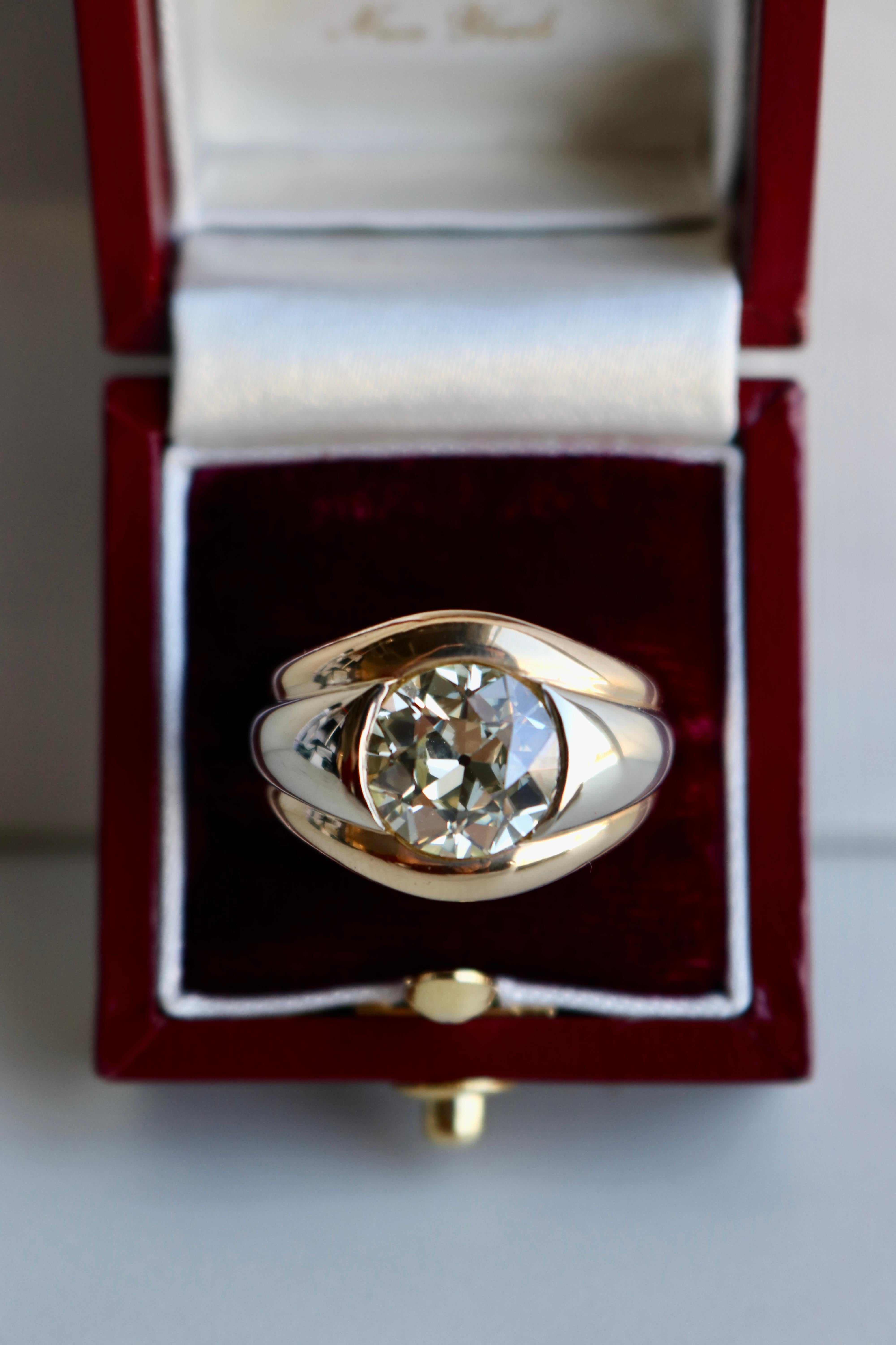 Französischer 18k zweifarbiger Vintage-Lünette-Ring, GIA 3,12 Karat Diamant im alteuropäischen Schliff, Vintage 1