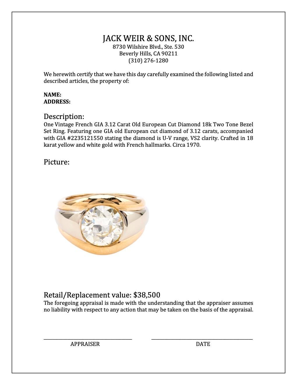 Französischer 18k zweifarbiger Vintage-Lünette-Ring, GIA 3,12 Karat Diamant im alteuropäischen Schliff, Vintage 3