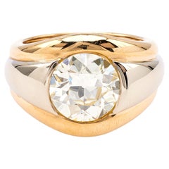 Französischer 18k zweifarbiger Vintage-Lünette-Ring, GIA 3,12 Karat Diamant im alteuropäischen Schliff, Vintage