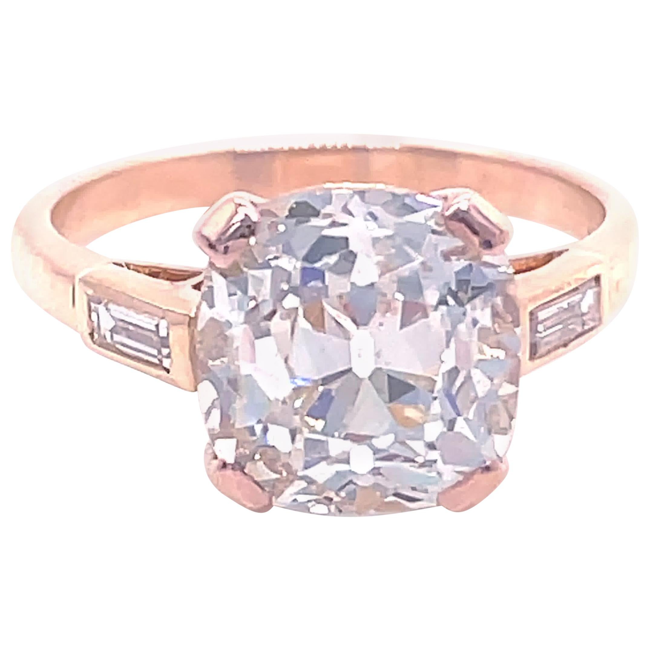 Vintage French GIA 4.00 Carat Old Mine Cut Diamond 18 Karat Gold Engagement Ring