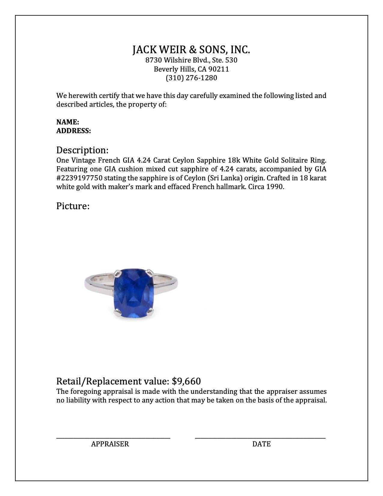 Anillo solitario vintage francés GIA de zafiro de Ceilán de 4,24 quilates y oro blanco de 18k en Bueno estado para la venta en Beverly Hills, CA