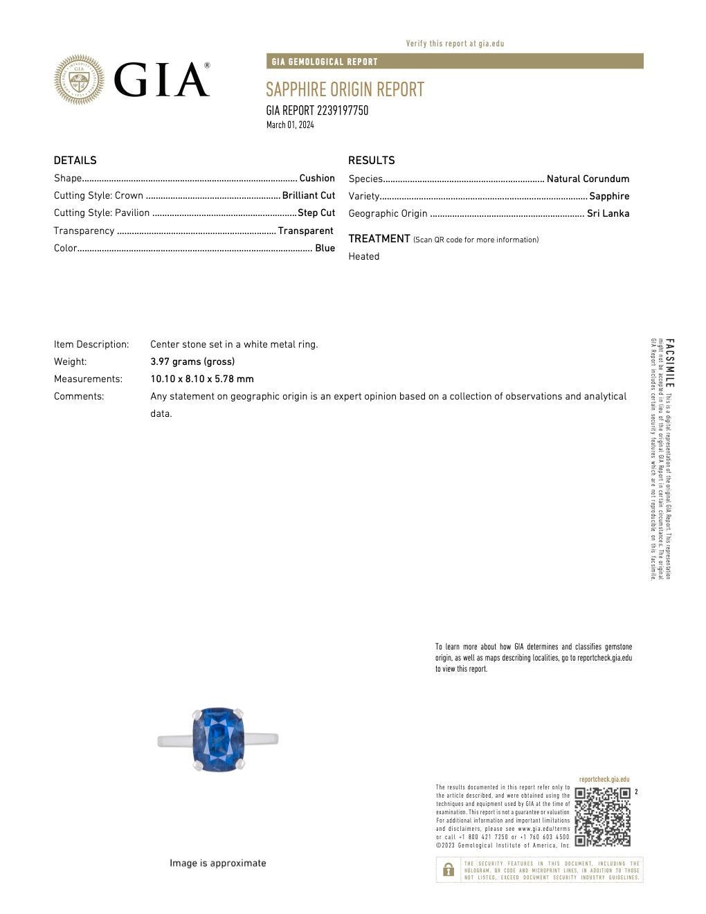 Vintage French GIA 4.24 Carat Ceylon Sapphire 18k White Gold Solitaire Ring 1