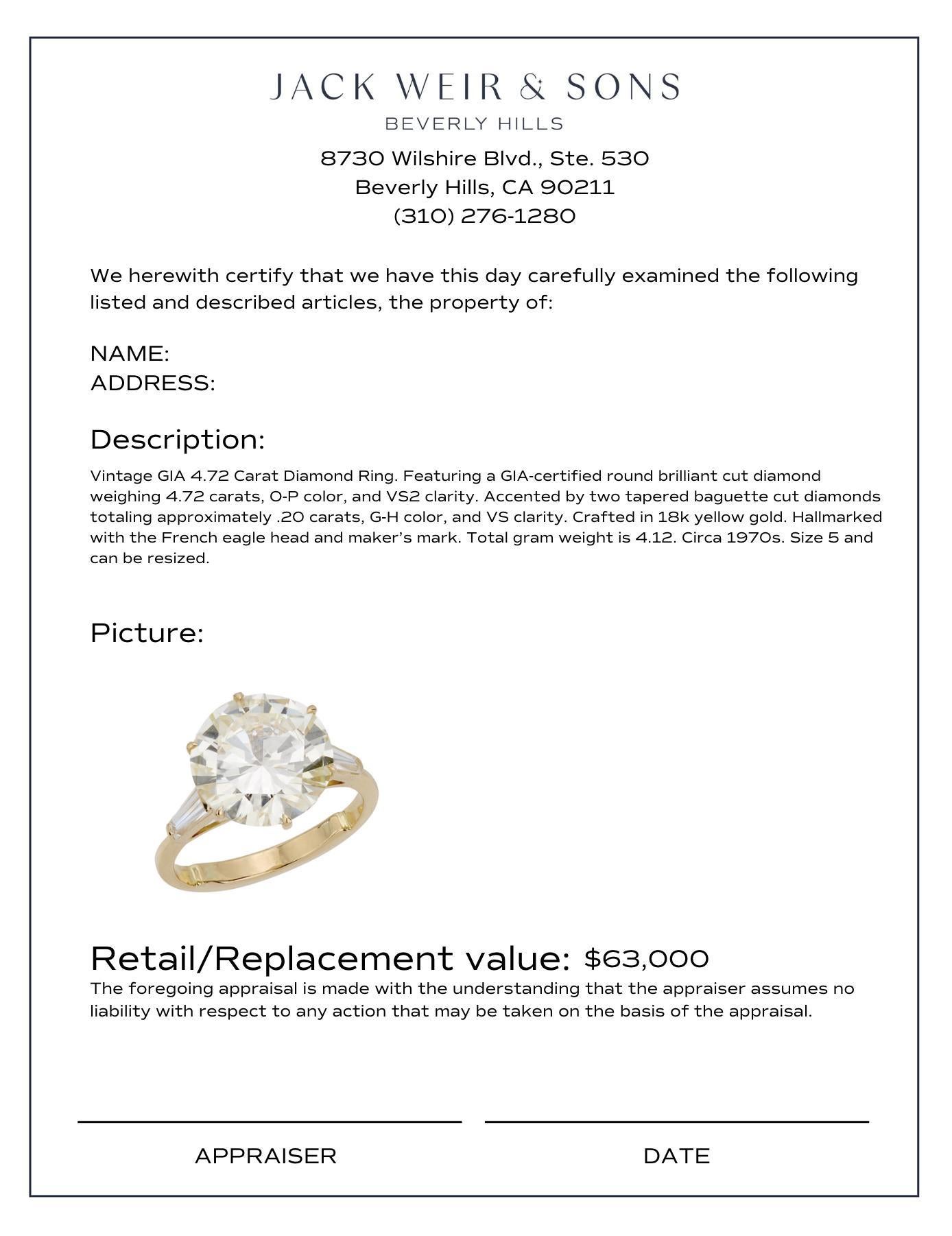Vintage French GIA 4.72 carat diamond 18k yellow gold engagement ring In Good Condition For Sale In Beverly Hills, CA