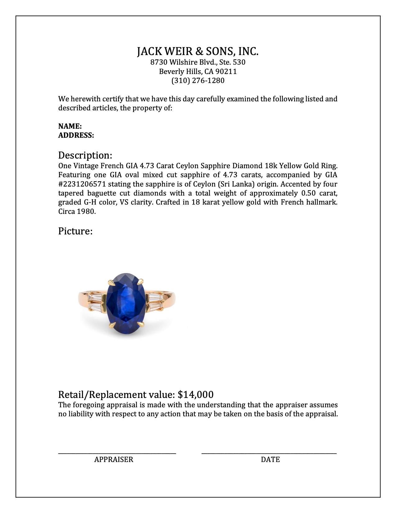 Vintage French GIA 4.73 Carat Ceylon Sapphire Diamond 18k Yellow Gold Ring For Sale 1