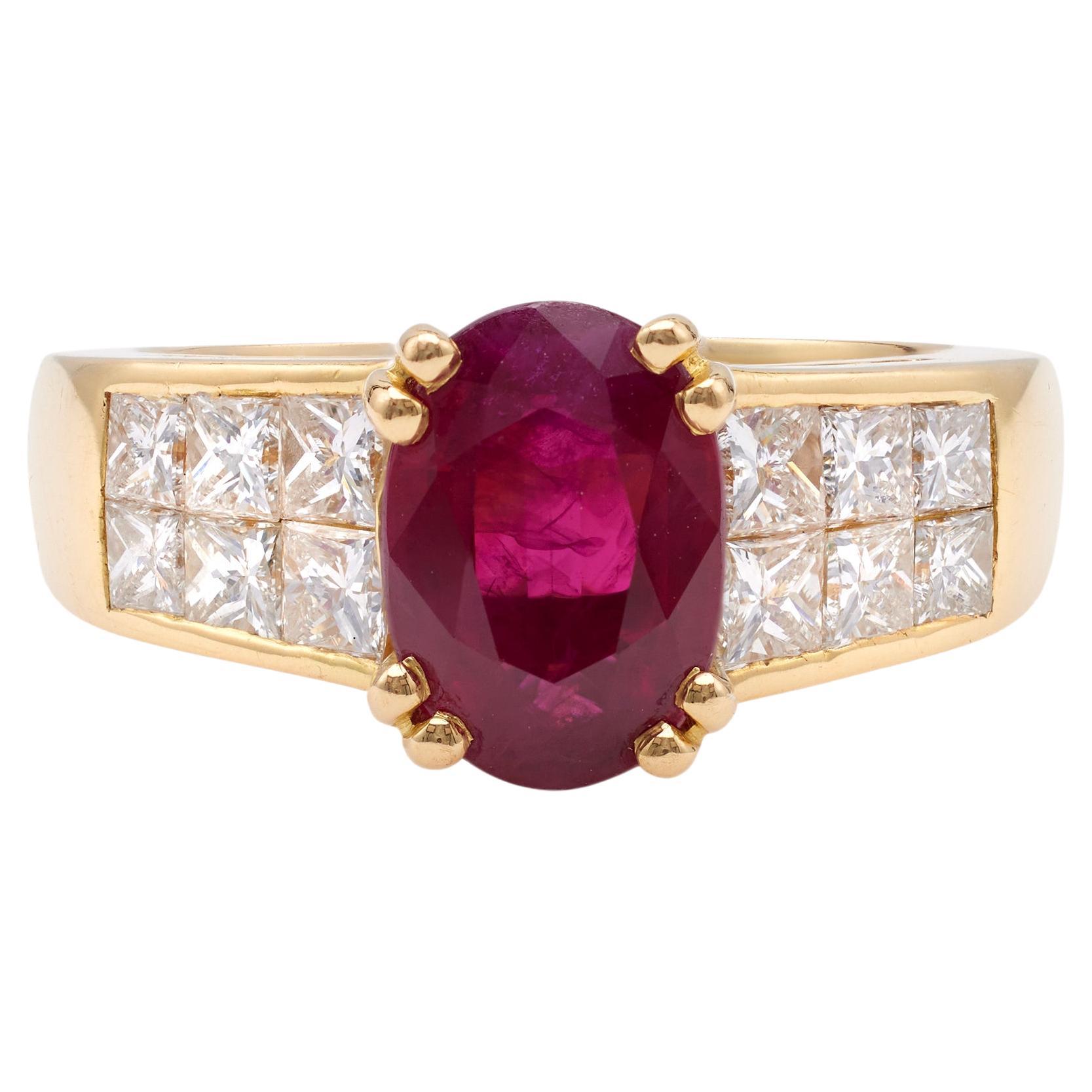 Vintage French GIA Burma Ruby and Diamond 18k Yellow Gold Ring For Sale