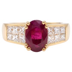 Retro French GIA Burma Ruby and Diamond 18k Yellow Gold Ring