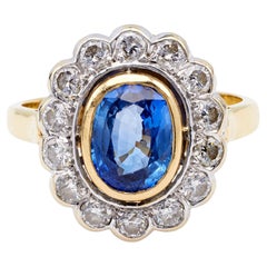 Vintage French GIA Ceylon Sapphire and Diamond 18k Two Tone Gold Cluster Ring