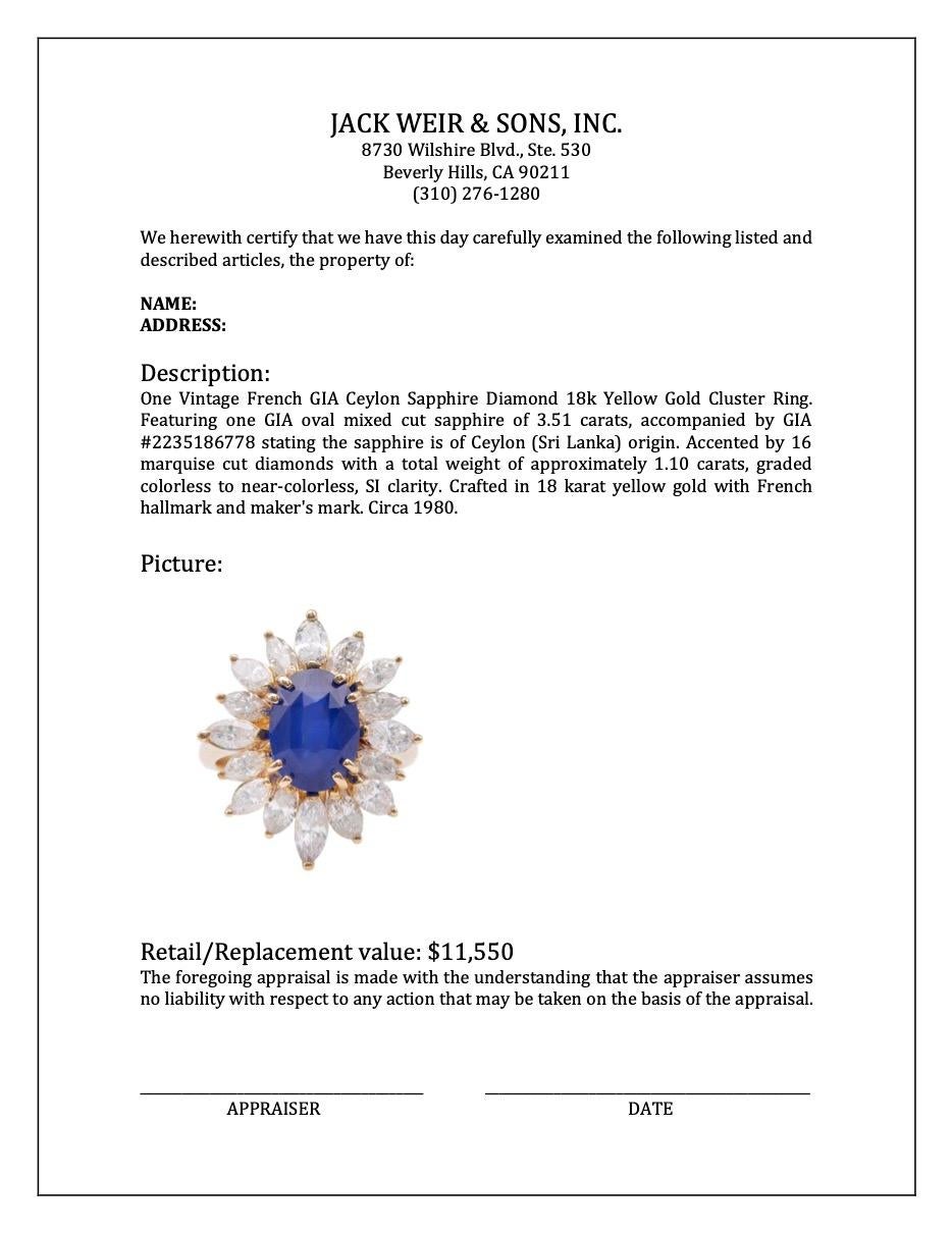 Französischer GIA Ceylon Saphir Diamant 18k Gelbgold Cluster-Ring, Vintage im Angebot 3