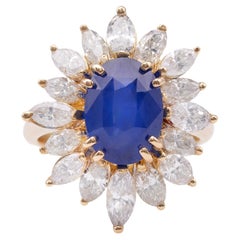 Vintage French GIA Ceylon Sapphire Diamond 18k Yellow Gold Cluster Ring
